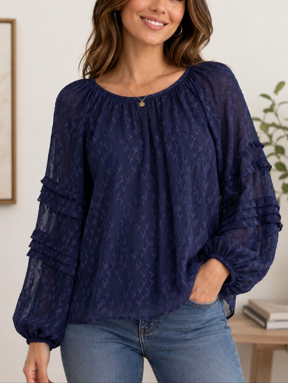 Philosophy Women's Navy Textured Peasant Blouse